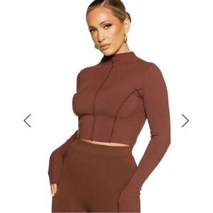 NWOT Naked Wardrobe Brown Long Sleeve Crop Top